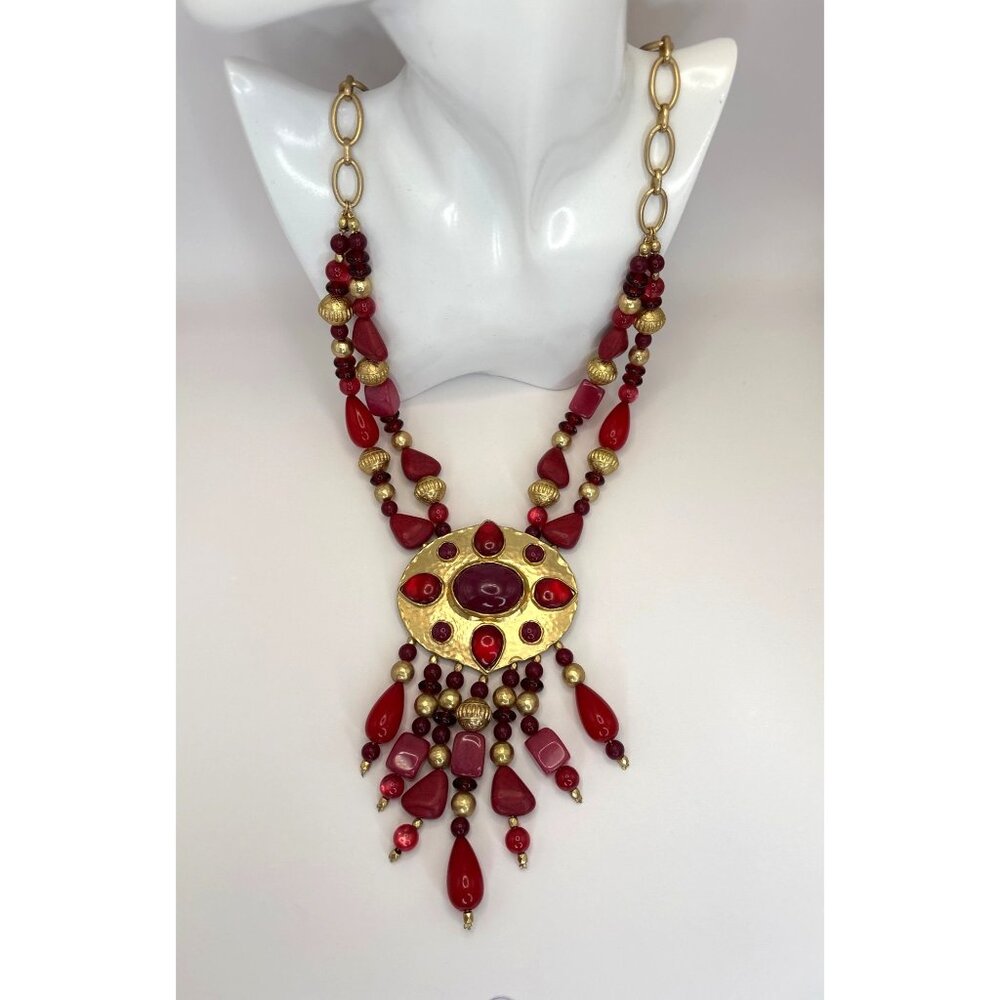 Chicos 35th Anniversary Limited Edition Gold Tone Red Stone Bead Necklace 30 NEW